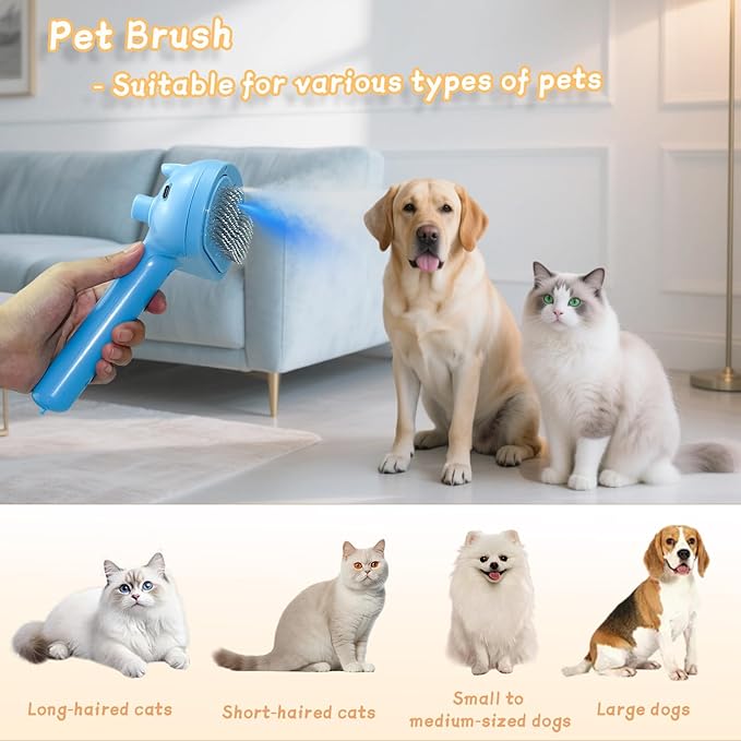 5-in-1 Pet Steam Brush for Cats & Dogs – Grooming, Shedding, Massage & One-Touch Clean for Short & Long Hair Pets – Electric Cat Brush with Comb & Steam (Blue)-PurrikoPets