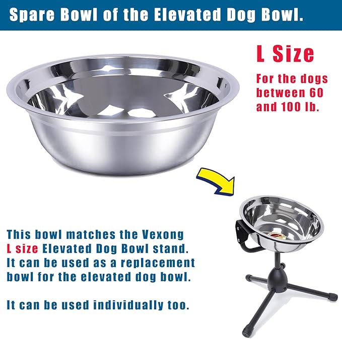 2 Pack, L Size Bowls, Matches Vexong L Size Elevated Dog Bowl Stand, for Dogs Between 60 and 100 lb, Stainless Steel Dog Bowl, Capacity 0.8 Gal / 12.5 Cup / 106 Oz / 3 Liter, Rustproof, Durable,-PurrikoPets