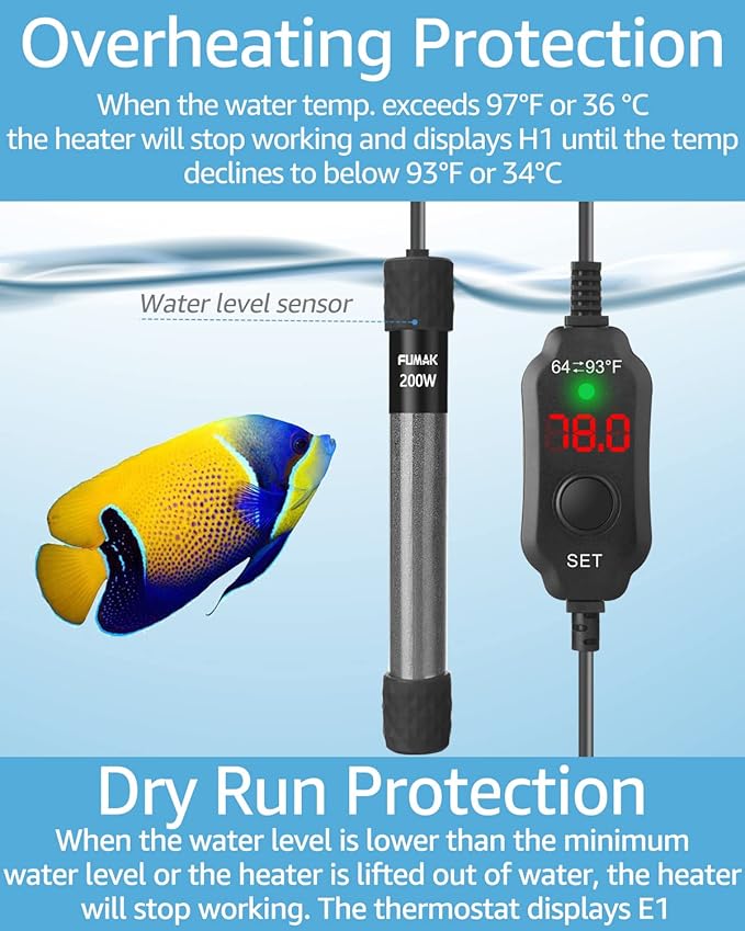 200W Adjustable Aquarium Heater Super Short Submersible Fish Tank Heater Fish Heater with LED Digital Display Thermostat, for Tanks 20-40 Gallons-PurrikoPets