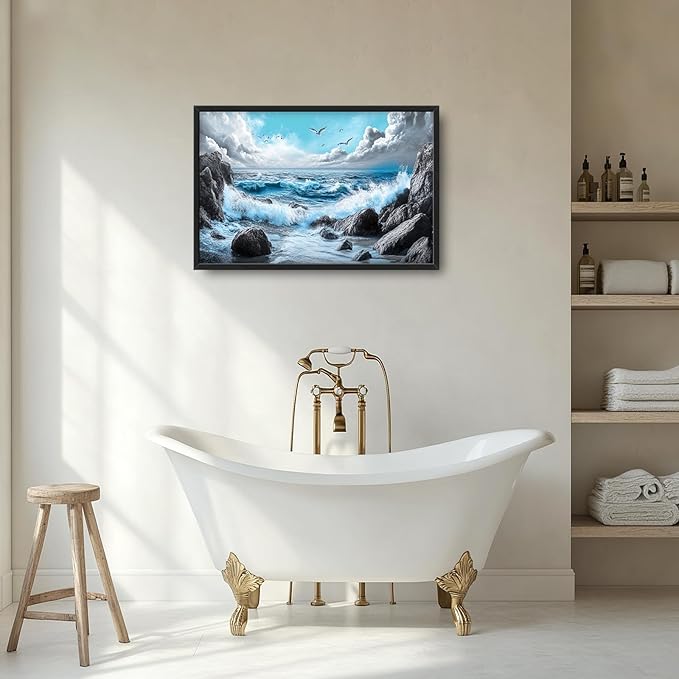 Extra Large Framed Abstract Sea Ocean Wall Art,Black and White Wall Decor, Coastal Seashore Pictures for Living Room,Canvas Print Painting Modern Artwork Bedroom Office Bathroom 36L x 24W-PurrikoPets