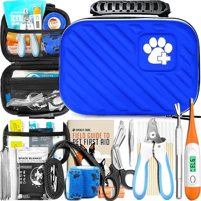 EVERLIT Pet Medic First Aid Kit | Vet-Approved Animal Care Kit with 95 Pcs Medical, Outdoor & Emergency Supplies to Treat Dogs, Cats | Travel-Friendly Compact Bag for Home, Car and Travel (Blue)-PurrikoPets