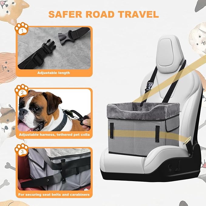 Eunice Small Dog Car Seat, 15.5 in (L) X 14.6 in (W) X 13 in (H) Washable Detachable and Portable Dog Booster Car Seat with Clip-on Safety Leash, Puppy Car Seats Storable Bottom Layer - Up to 25 lbs-PurrikoPets