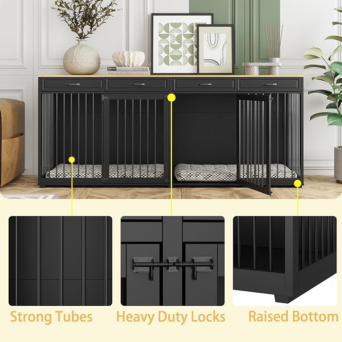 Extra Large Dog Crate with Double Rooms, 93" Heavy Duty Wooden Dog Cage Furniture Dog Crate Kennel w/Drawers & Removable Divider,Indoor Luxury Dog House for Large Dogs,Black-PurrikoPets