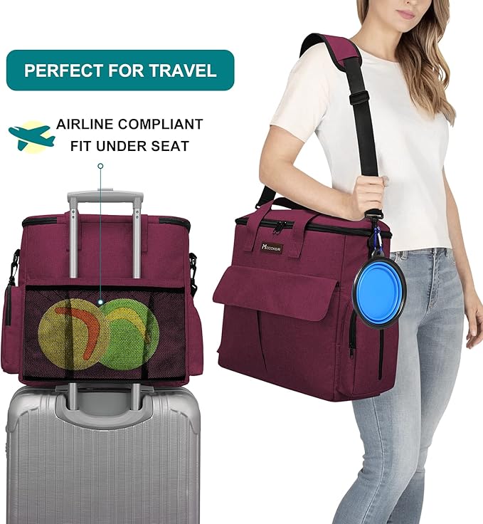 Airline Approved Pet Travel Bag, Weekend Travel Set for Dog and Cat, Airline Approved Tote Organizer with Multi-Function Pockets, 2 Dog Food Storage Containers, 2 Collapsible Bowls (Rose Red)-PurrikoPets