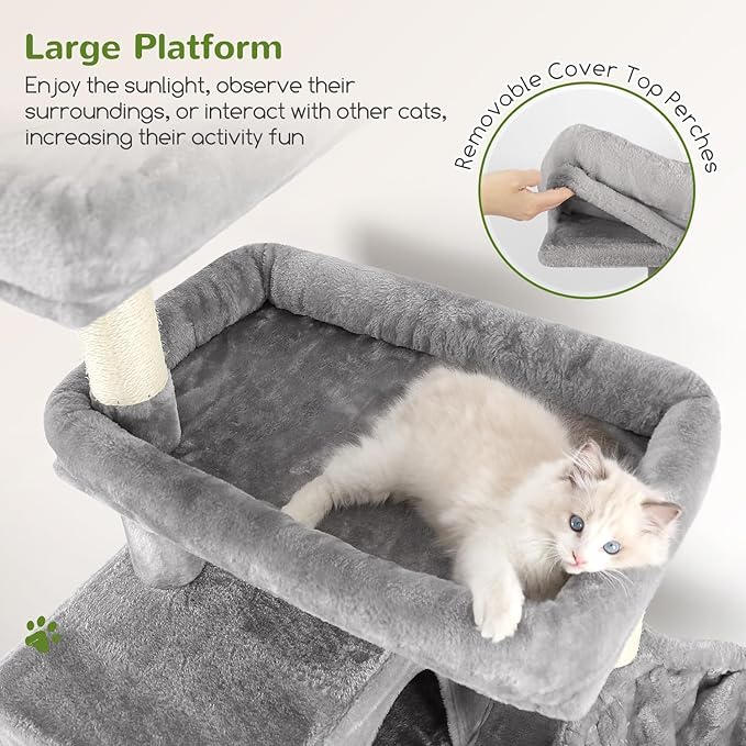 Globlazer Tall Cat Tower, 76 inch Multiple Level Cat Climbers for Indoor Cats, XL Cat Tree with 5 Scratching Posts, 2 Cat Condos, Hammock, 2 Hanging Baskets, F76B, Light Grey-PurrikoPets