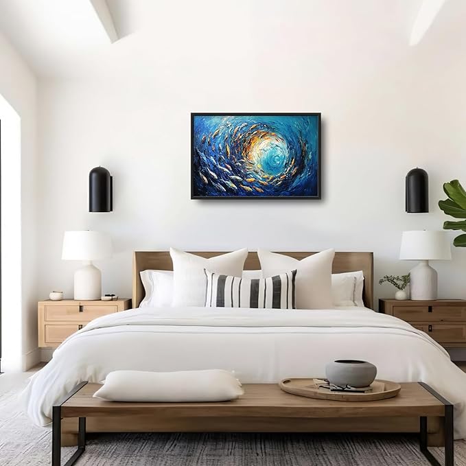 Extra Large Framed Abstract Ocean Fish Wall Art,Oversized Blue Sea Nautical Fish Wall Decor Pictures for Living Room,Canvas Print Painting Modern Artwork Bedroom Office Bathroom Home Decor 36L x24W-PurrikoPets