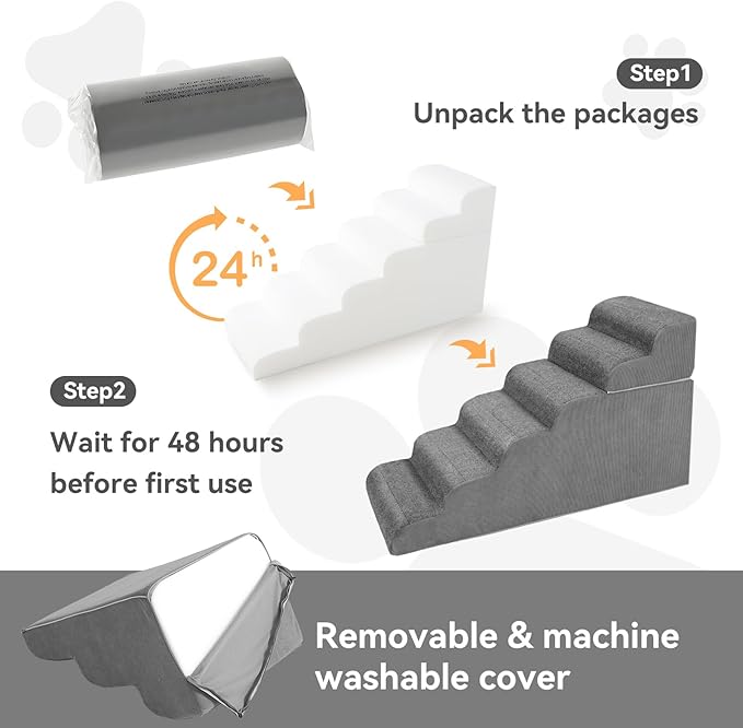 ABORON 𝟲 𝗦𝘁𝗲𝗽𝘀 Dog Steps for High Bed, 26 Inch High Dog Stairs for Small Dogs, Waterproof Pet Stairs for Small Old Large Dogs and Cats with Removable Cover & PE Support Board for Bed/Car/Couch-PurrikoPets