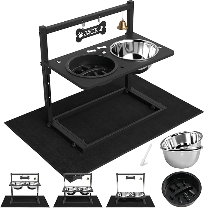 Elevated Dog Bowls with Slow Feeder and Spill Proof Mat, Adjustable Height 4.3-11.8'', Two 1.7L Stainless Steel Food & Water Bowls, Metal Raised Dog Bowl Stand, for Large Medium Breeds-PurrikoPets