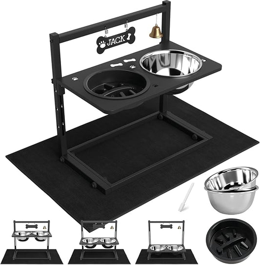 Elevated Dog Bowls with Slow Feeder and Spill Proof Mat, Adjustable Height 4.3-11.8'', Two 1.7L Stainless Steel Food & Water Bowls, Metal Raised Dog Bowl Stand, for Large Medium Breeds-PurrikoPets