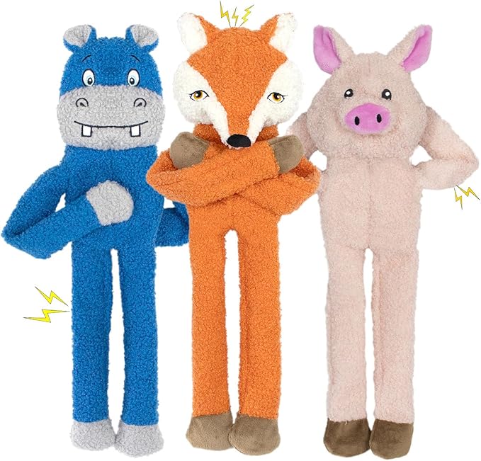 3 Pack No Stuffing Crinkle Squeaky Interactive Plush Dog Toys for Aggressive Chewers to Keep Puppy Busy for Boredom Small & Medium Breeds Furry Friend Teething Orange Fox Pink Pig Blue Hippo-PurrikoPets