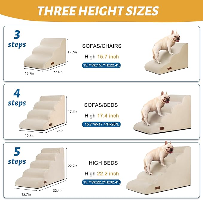 5-Step Dog Stairs and Ramp for High Bed,Non-Slip Sturdy Pet Steps for Small Dogs and Cats,22.2" H,Beige-PurrikoPets