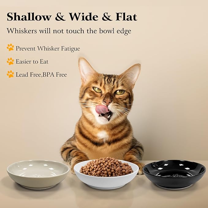 3PCS Cat Food Bowl,Ceramic Cat Dish for Indoor Cats,Wide Shallow Cat Bowls for Dry and Wet Food,Anti Whisker Fatigue Cat Plates for Kitten Cats or Dogs-PurrikoPets