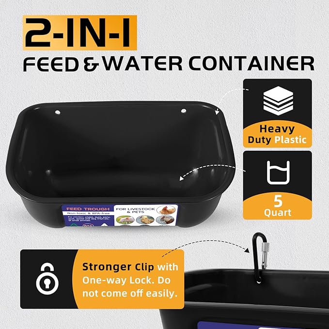 Goovilla Chicken Feeder Waterer, Hanging or Screw-in Fence Feeders with Clips, 2 Pack 5 Quart Goat Feeding Supplies, Duck Piglet Sheeple Coop Dog Livestock Poultry Plastic Feeder Trough Bucket, Black-PurrikoPets