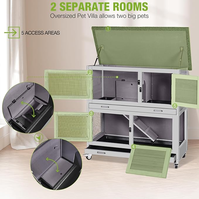 2 Story Rabbit Hutch Indoor Outdoor Rabbit Bunny House Guinea Pig Cage Wooden Pet House for Small Animals with 2 Large Rooms, Chewproof Ramp, Ventilation Door, Removable Trays (Grey)-PurrikoPets