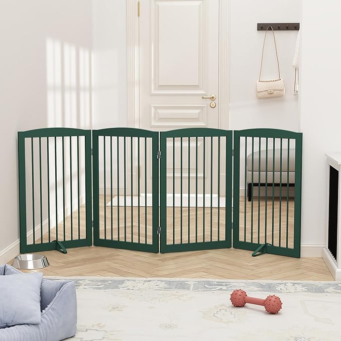 Freestanding Pet Gate for Dogs, Indoor Wooden Dog Gate for House, Foldable Dog Gate for Doorway, Stair, Step Over Pet Puppy Safety Fence Tall, 80 Inch Wide, 4 Panels 32", Green-PurrikoPets