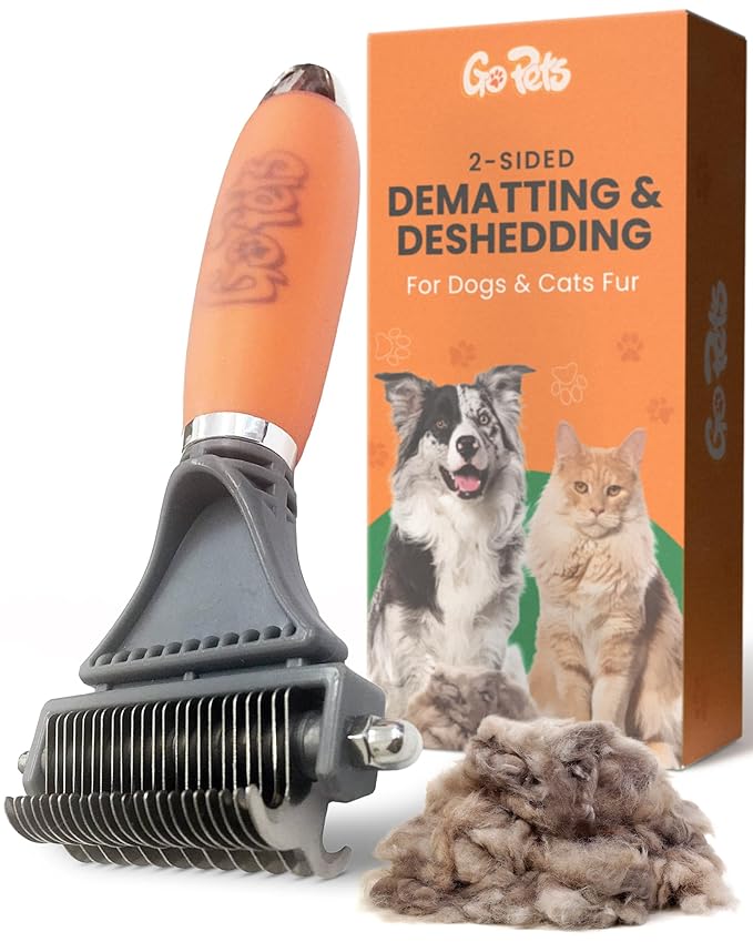 GoPets 2-Sided Dematting & Deshedding Comb for Dogs & Cats, Versatile Undercoat Detangler Brush for Shedding, Matted Hair & Fur Remover Tool, Stress-Free Pet Grooming Rake with Ergonomic Handle-PurrikoPets
