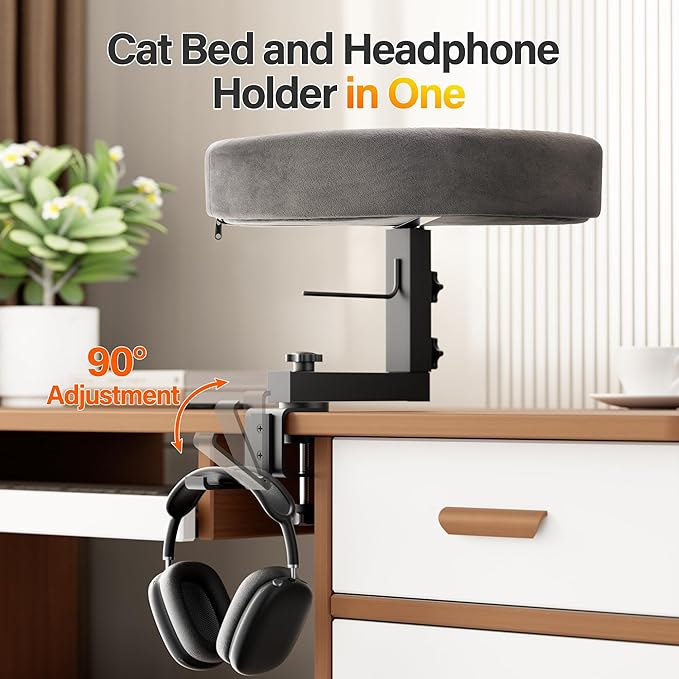 2-in-1 Cat Bed Desk Mount & Headphone Hanger – Adjustable Cats Hammock Bed for Desk, Cat Beds & Furniture for Home Office or Gaming Setup-PurrikoPets