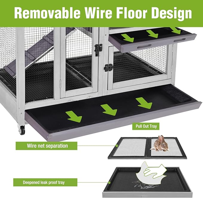 2-Story Rabbit Hutch Indoor Bunny Cage Outdoor Guinea Pig House with Wire Mesh Floor, Leak-Proof Trays, Lockable Wheels for Rabbits, Guinea Pigs, 40.6" L x 26" W x 37.6" H-PurrikoPets