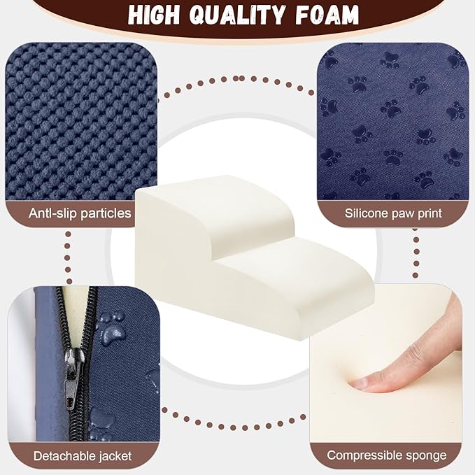 Dog Stairs for Small Dogs - High Density Foam Pet Steps, Extra Wide Dog Ramp with Non-Slip Bottom for High Beds, Couch and Sofa, Best for Dogs Injured, Older Doggy Cats,2 Steps, Navy-PurrikoPets