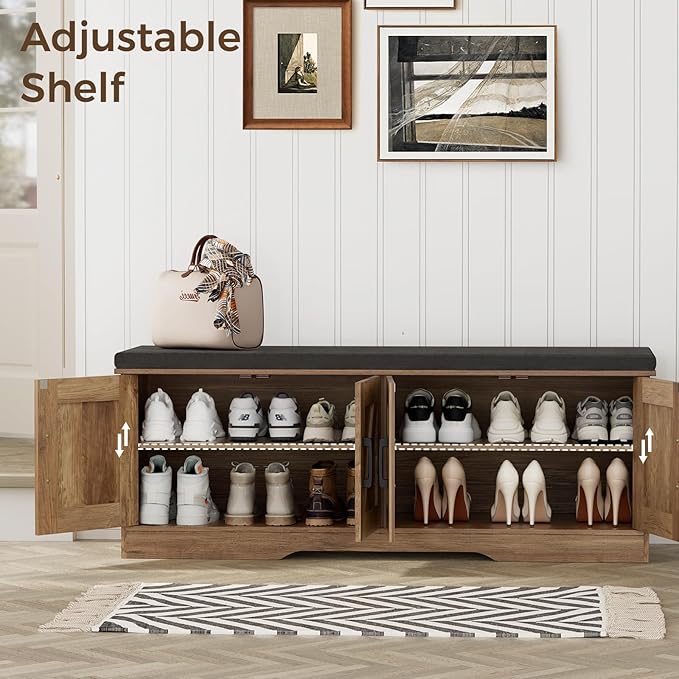2-Tier Storage Bench, Shoe Bench with Padded Seat Cushion, Entryway Bench with 4 Barn Doors, Adjustable Shelf, 13.8" D x 47.2" W x 17.7" H, for Entryway, Living Room, Bedroom, Rustic Walnut-PurrikoPets