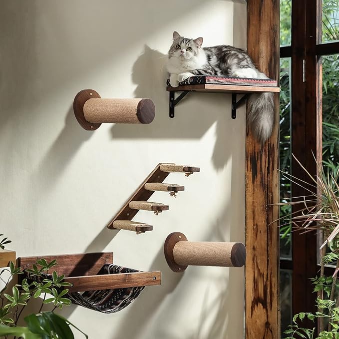 FUKUMARU Cat Wall Furniture, 11.8 Inch Cats Shelves for Drywall, Walnut Wood Kitten Stairs for Wall Mounted with Jute Scratching Kittens Steps, 2 of Pack-PurrikoPets