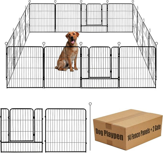 Dog Playpen,24 32 40 48 in(H) Pet Fence Outdoor for Rv Camping,Garden Fence Medium Animal Barrie for Yard,11Ft(L)-56Ft(L) Black Metal Temporary Fencing-PurrikoPets