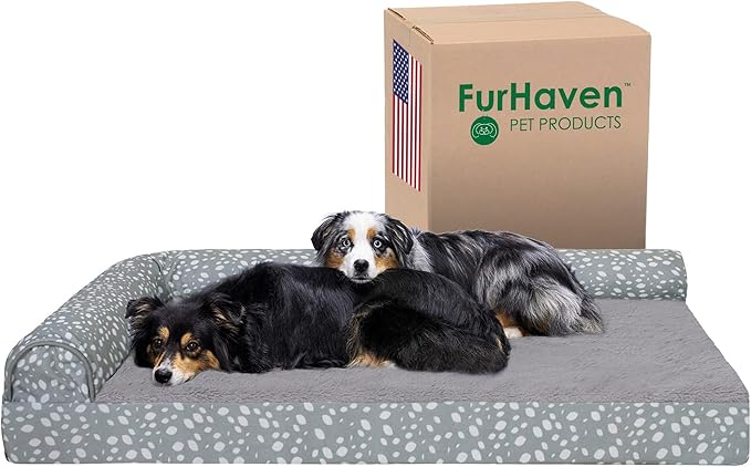 Furhaven Cooling Gel Dog Bed for Large Dogs w/ Removable Bolsters & Washable Cover, For Dogs Up to 125 lbs - Plush & Almond Print L Shaped Chaise - Gray Almonds, Jumbo Plus/XXL-PurrikoPets