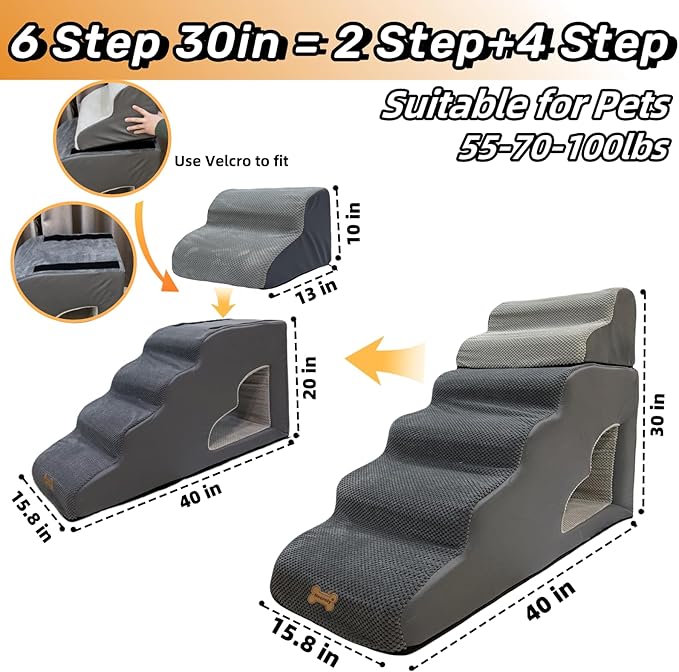 dog stairs for small dogs to 30 inches high beds, 6 step dog ramp stair for 18-36 inches couch-bed,pet stairs for small old meduim large dogs cats,Non-Slip balanced 6 tiers ladder,75 pounds Studry 33D-PurrikoPets