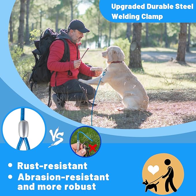 Dog Tie Out Cable - 10/15/20/25/30 FT Blue Steel Wire Cable with Durable Clips - Large Dog Lead for Outside Use - Up to 165 lbs-PurrikoPets
