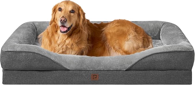 EHEYCIGA Memory Foam XL Dog Bed for XLarge Sized, Extra Large Orthopedic Dog Sofa with Sides and Waterproof Liner, Washable Bolster Pet Bed Couch with Removable Cover, 42x30x7.5 Inch, Grey-PurrikoPets