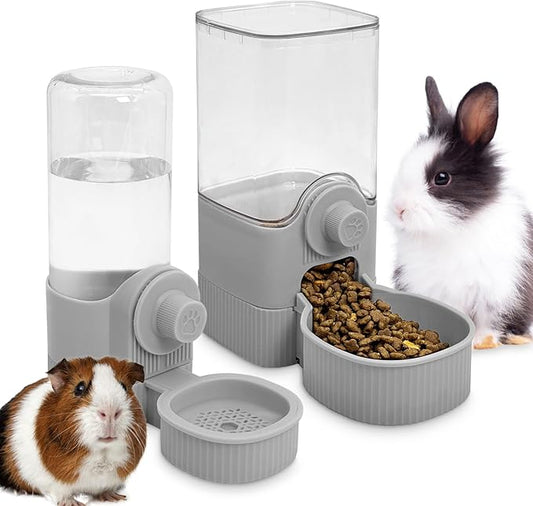 Fhiny Rabbit Food & Water Dispenser, Large Capacity Gravity Guinea Pig Feeder and Waterer Set Hanging Automatic Bunny Feeder for Cage for Bunny Guinea Pig Chinchilla Ferret Cat Puppy-PurrikoPets