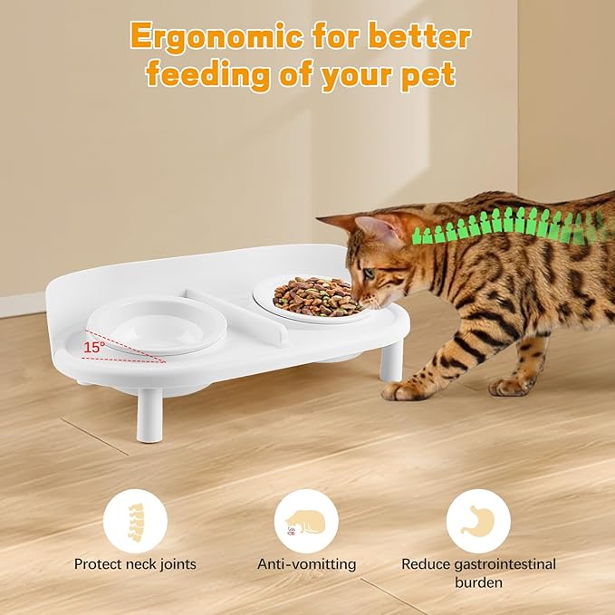Elevated Cat Bowls, Tilted Rised Cat Food and Water Bowl with 2 Pcs Ceramic Pet Bowls, Rised Stand, Pet Dish Anti Vomiting Feeding Station for All Sized Cats & Small Dogs (White)-PurrikoPets