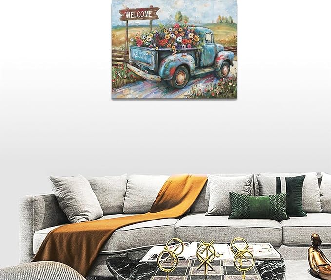 Farmhouse Truck Wall Art Rustic Country Wildflowers Wall Decor Road Flowers Landscape Pictures Canvas Print Painting Artwork for Bathroom Living Room Bedroom 12"x16"-PurrikoPets