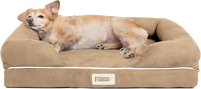 Friends Forever Small Dog Bed, Orthopedic Sofa Memory Foam Mattress, Calming Couch, Wall Rim Pillow, Water Resistant Liner, Washable Cover, Non-Slip Bottom, Chester, Small Khaki Beige-PurrikoPets