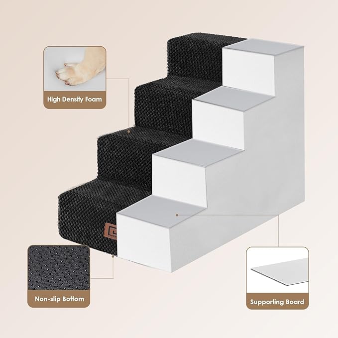 EHEYCIGA Dog Stairs for Bed 18" H, 4-Step Dog Steps for High Bed, Pet Steps for Small Dogs and Cats, Non-Slip Balanced Pet Ramp Indoor, Black-PurrikoPets