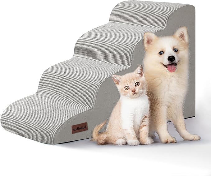 4-Step Dog Stairs and Ramp for Beds or Couches,Non-Slip Sturdy Pet Steps for Small Dogs and Cats,17.4" H,Light Grey-PurrikoPets