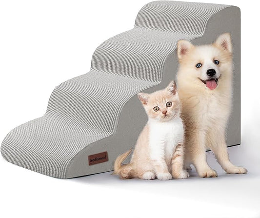 4-Step Dog Stairs and Ramp for Beds or Couches,Non-Slip Sturdy Pet Steps for Small Dogs and Cats,17.4" H,Light Grey-PurrikoPets