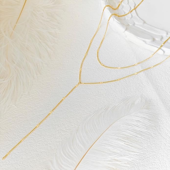 Lariat Silver/Gold Necklace for Women 925 Silver/14K Gold Plated Dainty Long Necklace Y-Shaped Drop Pendant Necklaces Choker Trendy Chain Simple Layered Necklaces CZ Jewelry for Women Set Gift