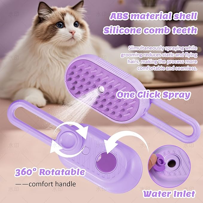 4 in 1 Cat & Dog Steam Brush Kit with 2 Comb Heads - Rechargeable Grooming Brush for Long/Short Hair Shedding, Anti-Static Steam Spray & Foldable Handle, Pet Spa Cleaning Tool (Purple)-PurrikoPets