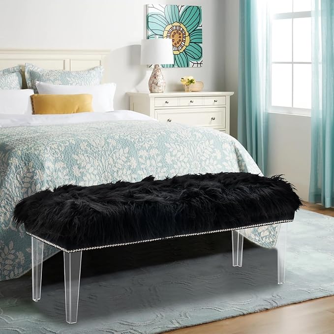 46 Inch Black Bedroom Bench, Benches for Bedroom White Faux Fur Upholstered Bed end Bench, Tufting Bench Indoor Bench with Acrylic Legs for Living Room Bedroom Dining Room Entryway, Black-PurrikoPets