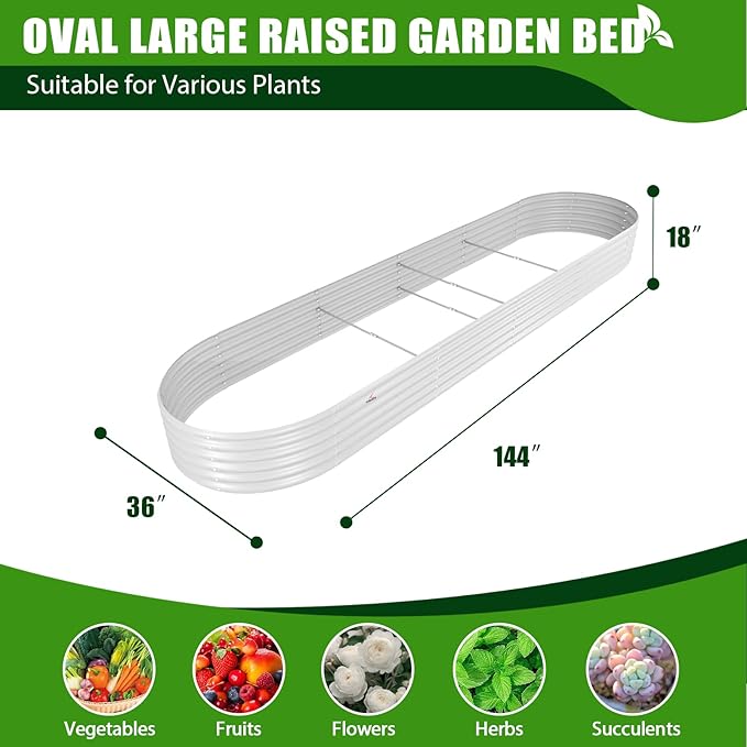 A ANLEOLIFE 12X3X1.5 ft Galvanized Raised Garden Beds Outdoor, Oval Extra Large Metal Planter Box for Planting Vegetables Flowers Herb, Anti-Rust & Easy-Setup, Antique White-PurrikoPets