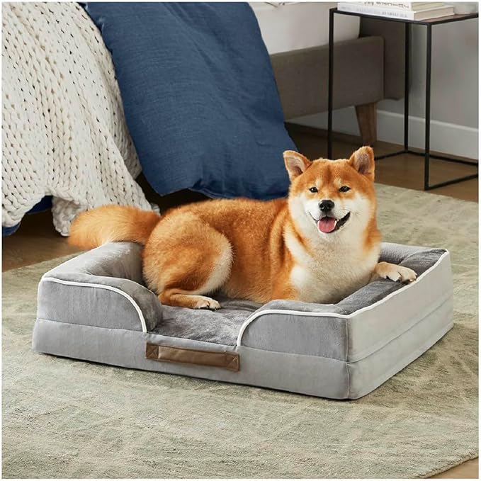 Friends Forever Orthopedic Dog Bed for Medium Dogs, Waterproof Memory Foam Dog Sofa Bed M with Removable Washable Cover, Ally Grey, 28x23x6.5-PurrikoPets