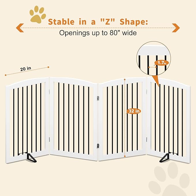 Freestanding Pet Gate - Foldable Wooden Dog Gate, 80 Inch Wide, 4 Panels, White-PurrikoPets
