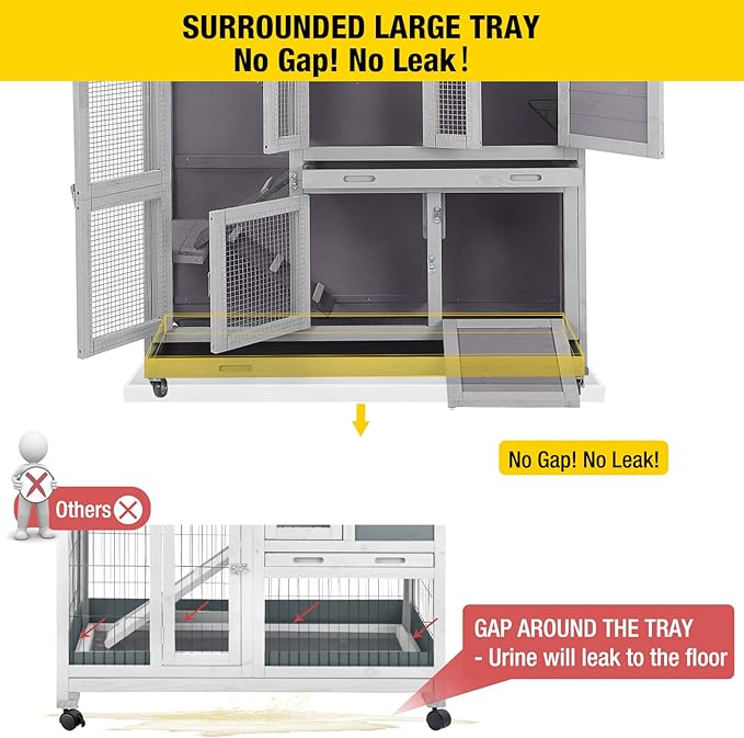 Aivituvin 47" Two Story Rabbit Hutch Bunny Cage with Wheels, Indoor Outdoor Guinea Pig Cage with 2 Deep No Leak Tray-PurrikoPets