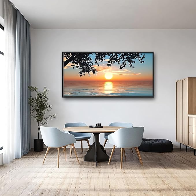 Framed Large Lake Sunset Wall Art, Oversized Natural Landscape Wall Decor for Living Room, Tree Leaves Canvas Painting Pictures Home Decoration for Living Room Bedroom Office 60"x30"-PurrikoPets