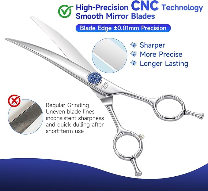7'' Dog Grooming Scissors CNC 440C Blades Sharp and Durable Polished Curved Dog Shears with Blue Diamond Adustable Screws Easy to Use for Groomer and Home User-PurrikoPets