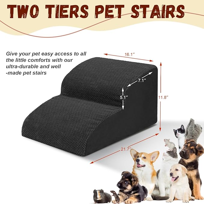 Dog Stairs for Small Dogs - High Density Foam Pet Steps, Extra Wide Dog Ramp with Non-Slip Bottom for High Beds, Couch and Sofa, Best for Dogs Injured, Older Doggy Cats,2 Steps, Black-PurrikoPets