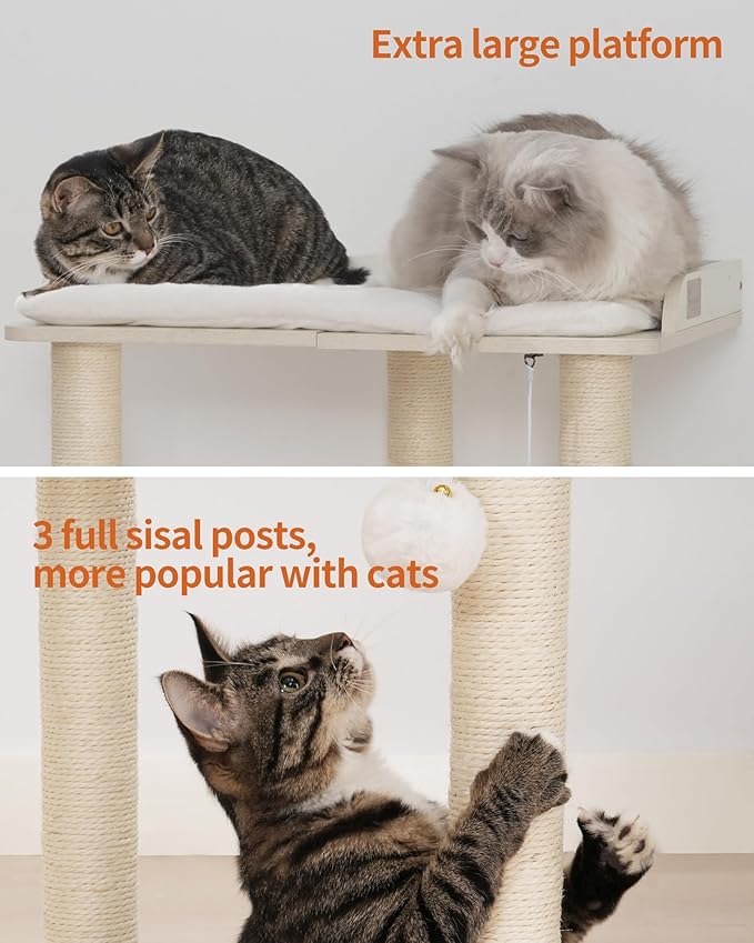 FourFurPets 26.7in Large Cat Tree Tower Condo, Cat Scratch Posts for Indoor Cats, Big Plate, Three 23.6in Full Sisal Scratching Posts, White-PurrikoPets
