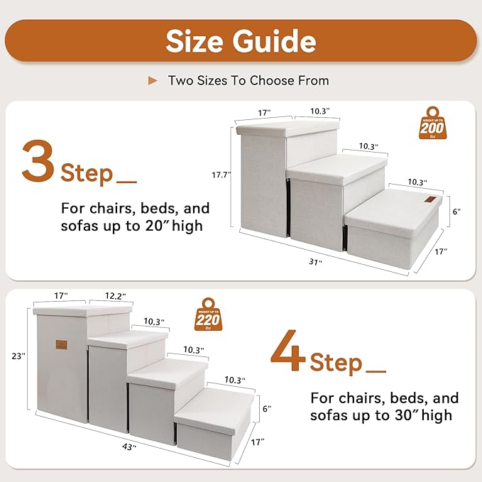 Dog Stairs with Storage 18" H, 3-Step Wider Dog Steps for Small/Medium/Large Old Dogs Cats, Folding Sturdy Pet Stairs Climbing Bed or Couch, Ramp for Car Up to 200 lbs (Beige, No Condo)-PurrikoPets