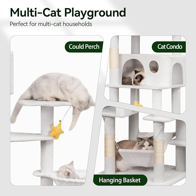 85in Tall Cat Tower for Heavy Duty Big Cats, Large Cat Tree with Scratching Post, Plush Perches, Cozy Cat Condos & Hanging Hammocks for Maine Coon, White-PurrikoPets